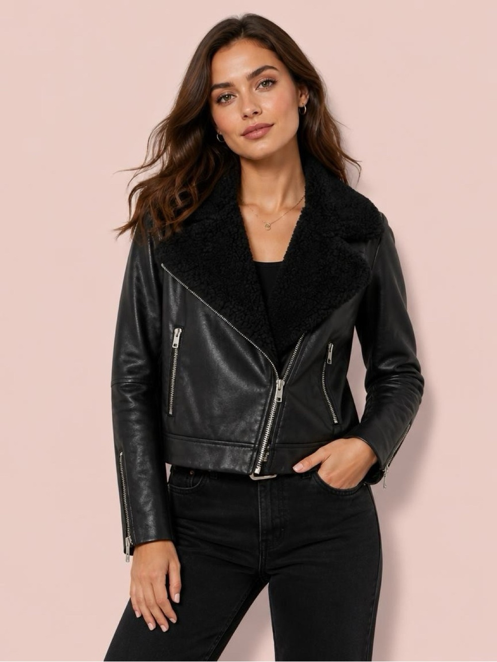 NWT True Religion vegan leather biker jacket with lands wool collar size XS